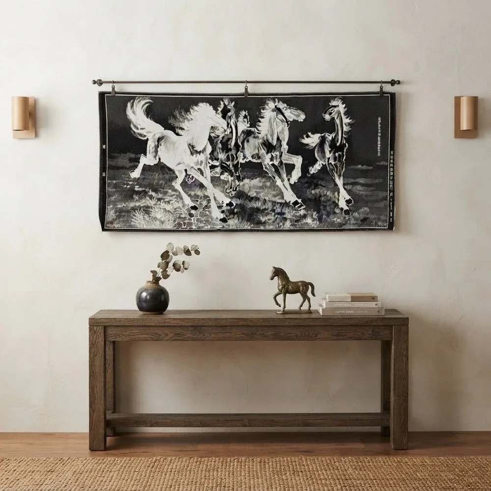 Vintage Chinese Woven Tapestry Galloping Horses Black White Wall Art 38x16